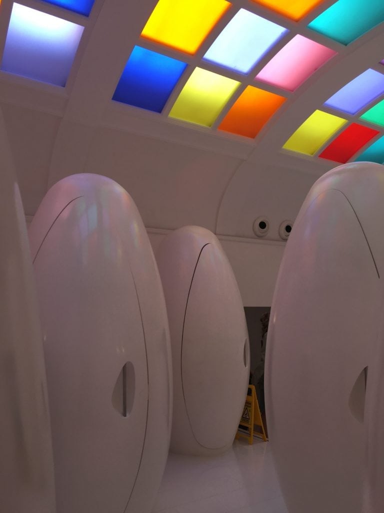 Egg shaped pods as toilets in Sketch Gallery in London.