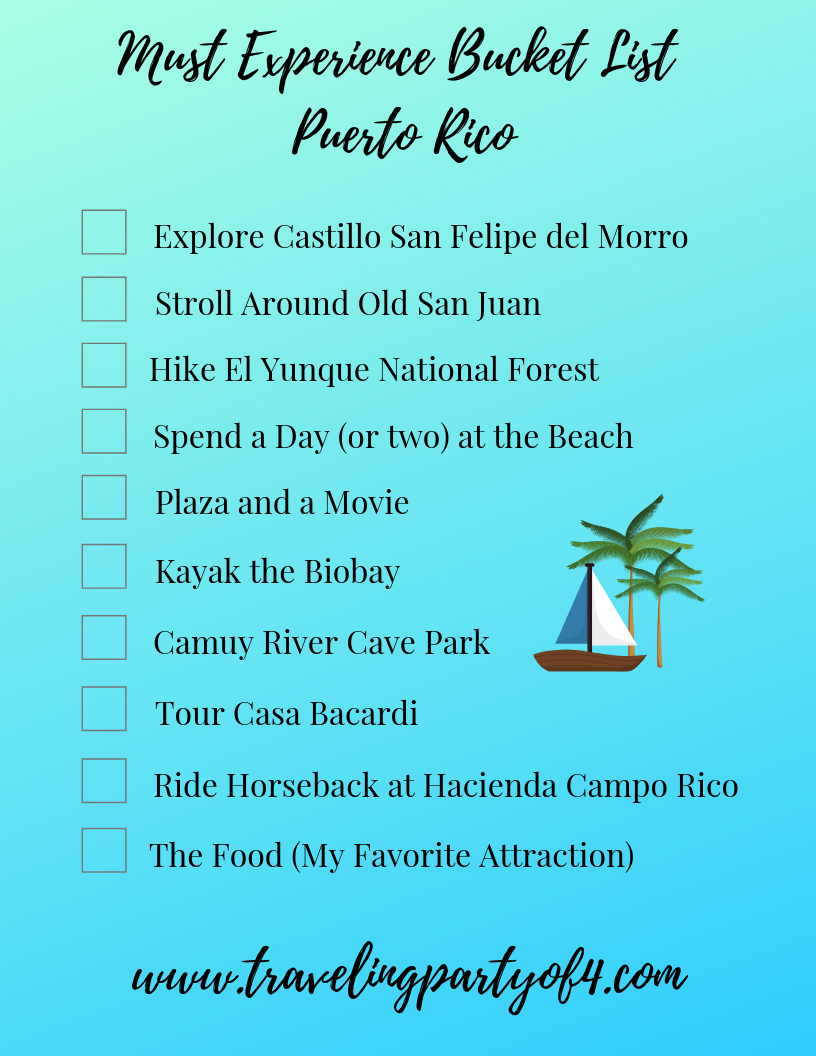 Things to Do In Puerto Rico.  Bucket List Check Lists in color